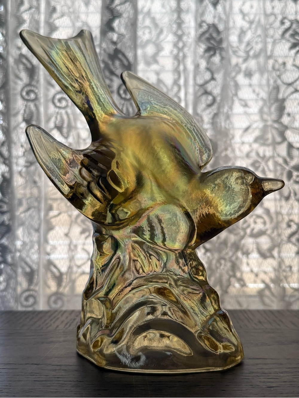 RARE VINTAGE LARGE L.E. SMITH GLASS Co. IRIDESCENT YELLO CARNIVAL GLASS BIRD